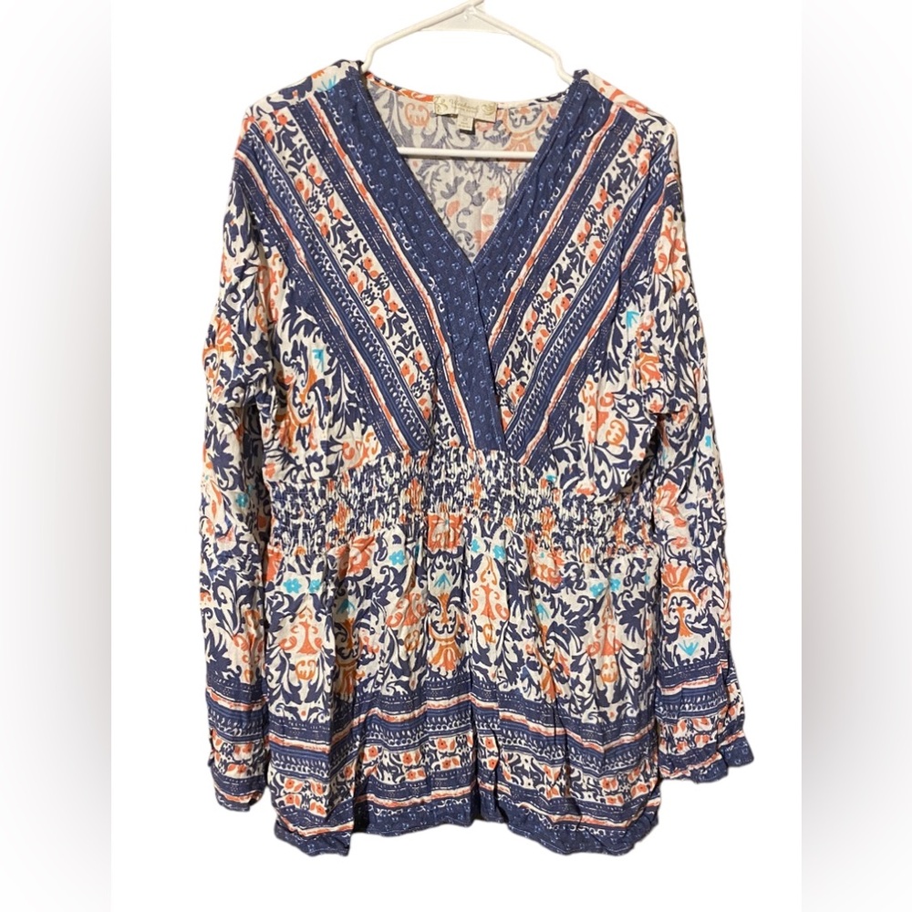 Weekend Suzanne Betro Blouse Women’s 2X Top Long Sleeve Blue Pink Shirt Comfort